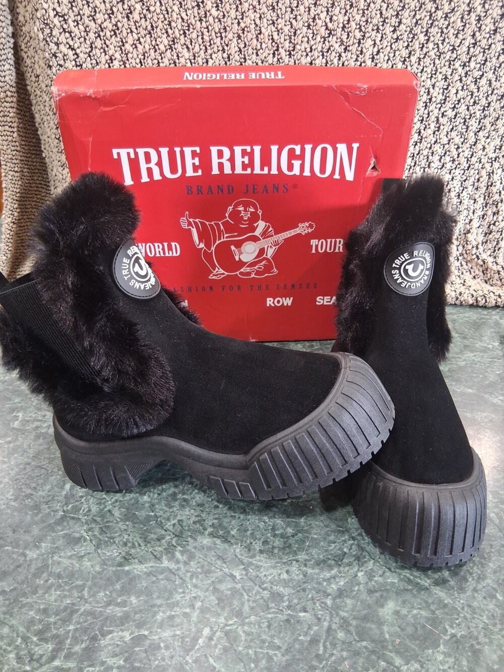 True Religion AUSTIN Black Suede Fur Trim Lined Bootie Women's Size 9 New In Box